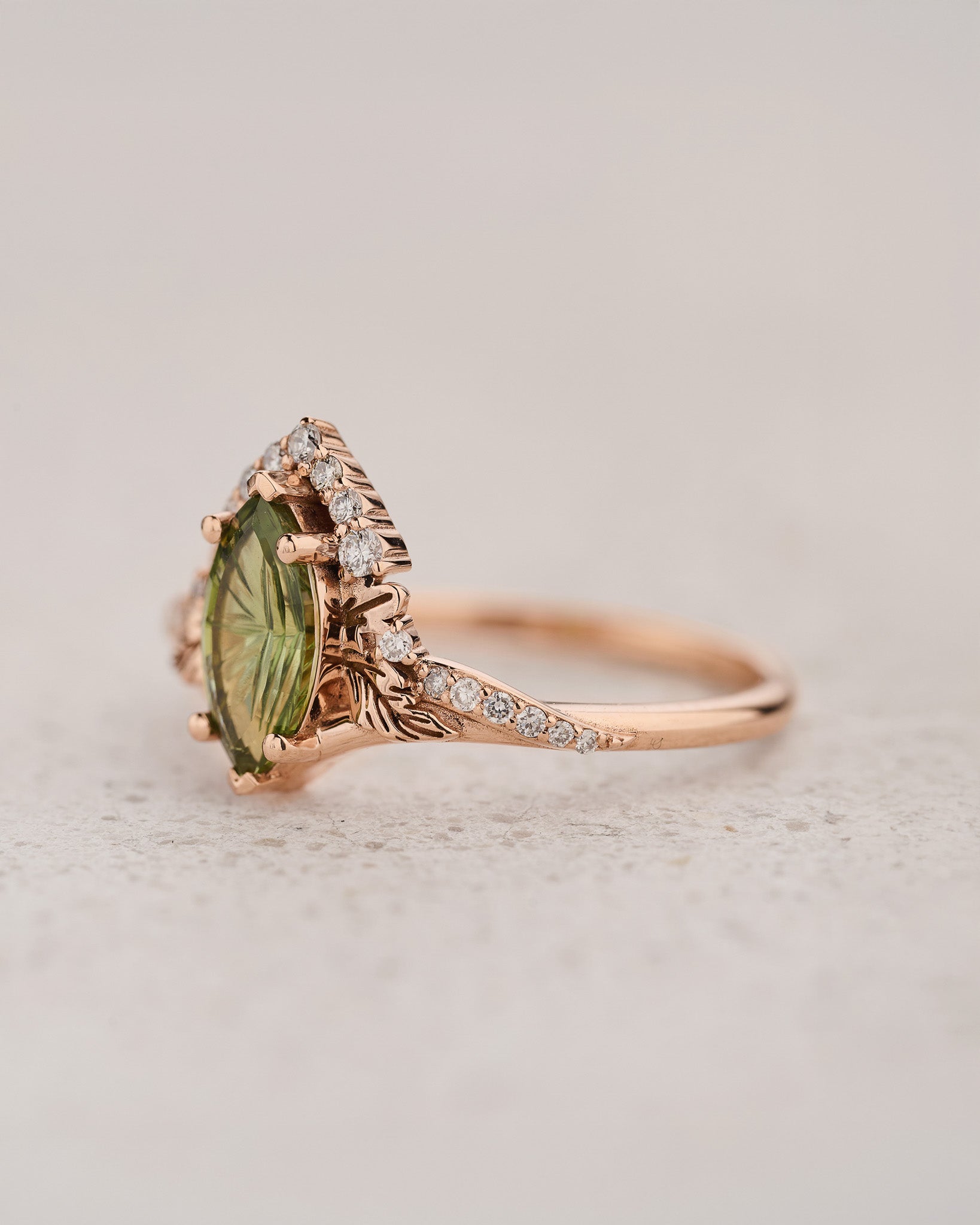 Elegant Engagement Ring with Marquise Fantasy-Cut Green Sapphire / Amelia - Eden Garden Jewelry™