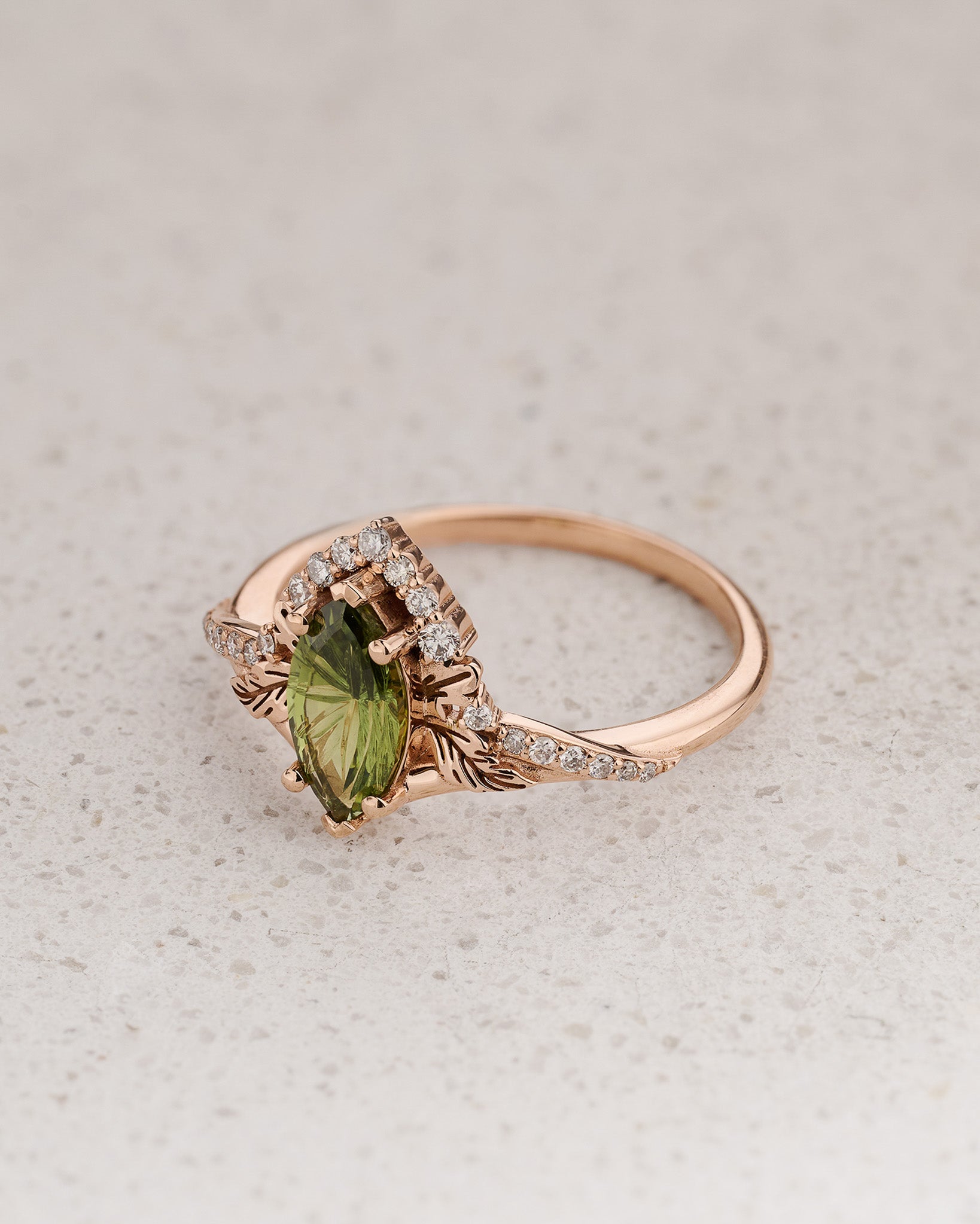 Elegant Engagement Ring with Marquise Fantasy-Cut Green Sapphire / Amelia - Eden Garden Jewelry™