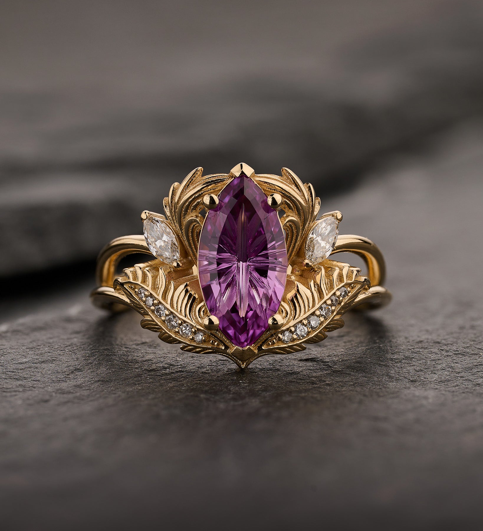 READY TO SHIP Adonis Engagement Ring with Marquise Fantasy-Cut Purple Sapphire, 14K yellow gold, RING SIZES 5.5 - 8.5 US - Eden Garden Jewelry™