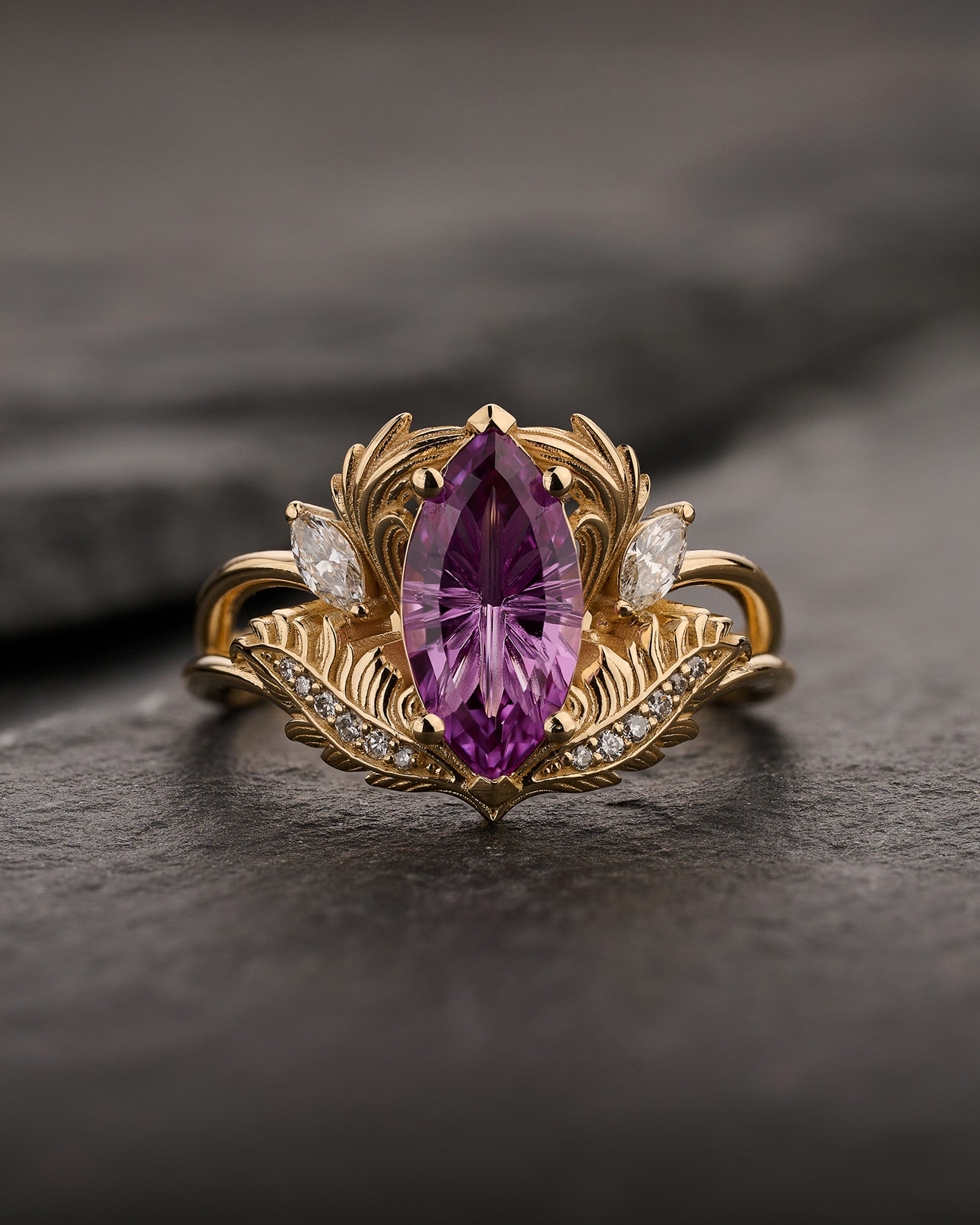 READY TO SHIP Adonis Engagement Ring with Marquise Fantasy-Cut Purple Sapphire, 14K yellow gold, RING SIZES 5.5 - 8.5 US - Eden Garden Jewelry™