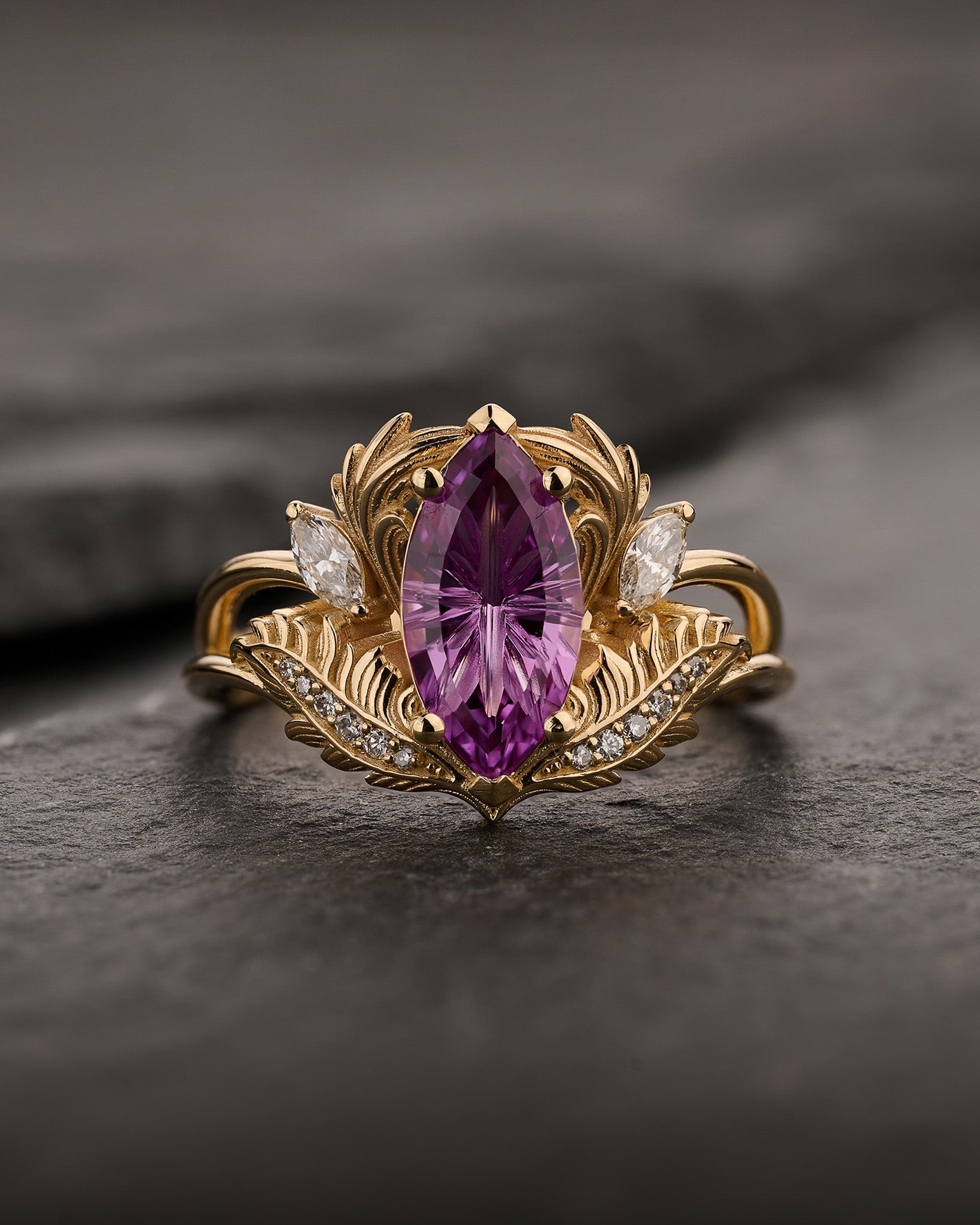 READY TO SHIP Adonis Engagement Ring with Marquise Fantasy-Cut Purple Sapphire, 14K yellow gold, RING SIZES 5.5 - 8.5 US - Eden Garden Jewelry™