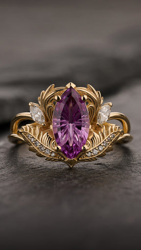 READY TO SHIP Adonis Engagement Ring with Marquise Fantasy-Cut Purple Sapphire, 14K yellow gold, RING SIZES 5.5 - 8.5 US - Eden Garden Jewelry™