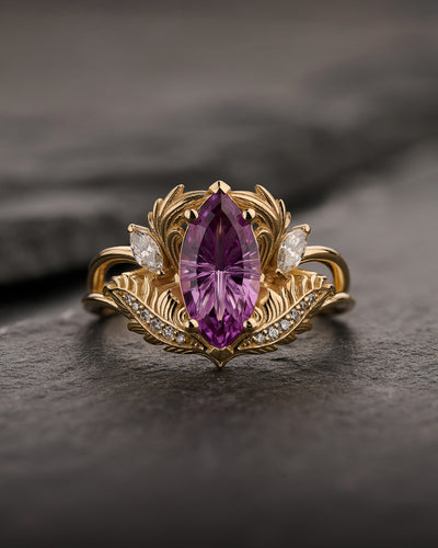 READY TO SHIP Adonis Engagement Ring with Marquise Fantasy-Cut Purple Sapphire, 14K yellow gold, RING SIZES 5.5 - 8.5 US - Eden Garden Jewelry™