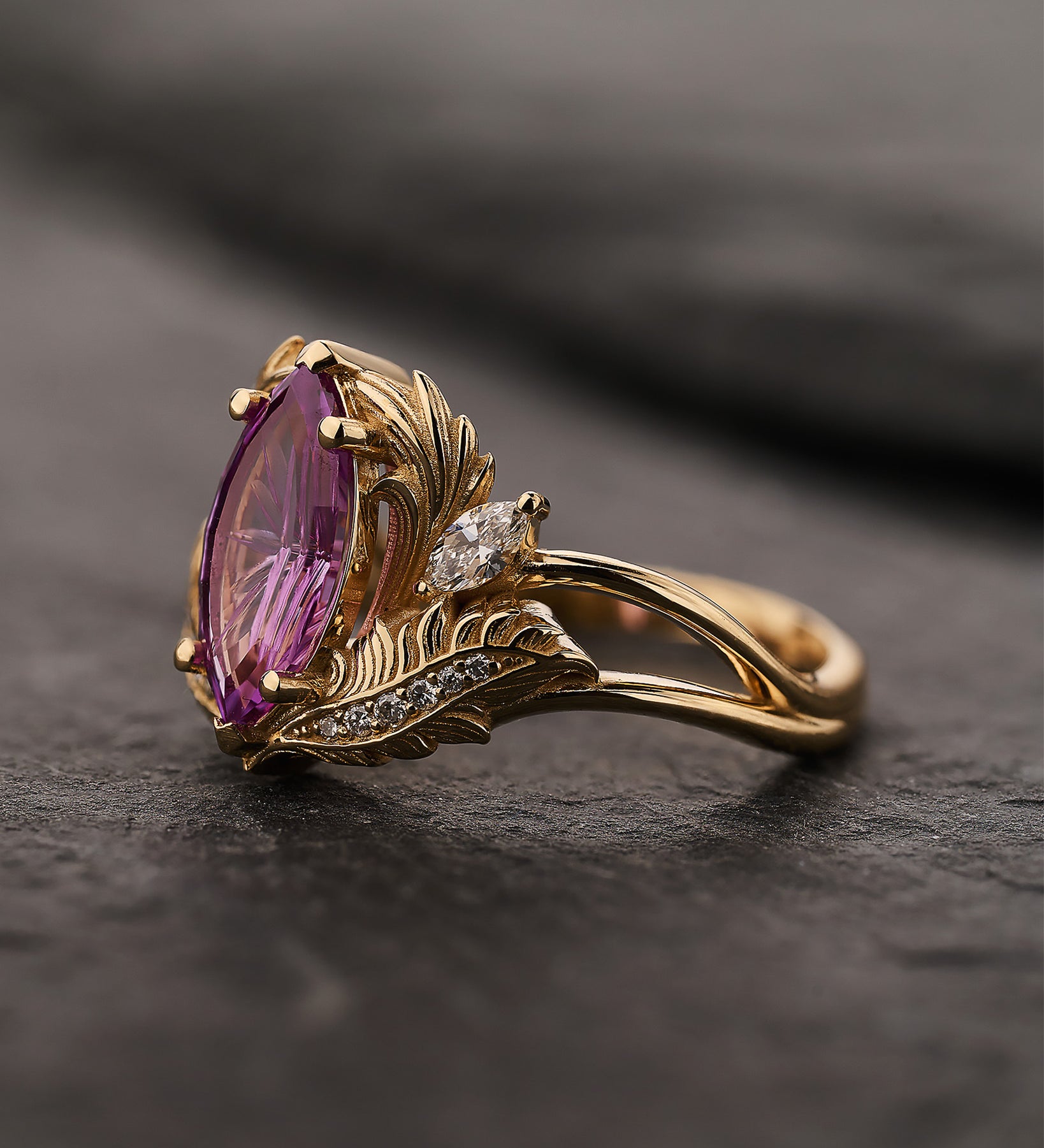 READY TO SHIP Adonis Engagement Ring with Marquise Fantasy-Cut Purple Sapphire, 14K yellow gold, RING SIZES 5.5 - 8.5 US - Eden Garden Jewelry™