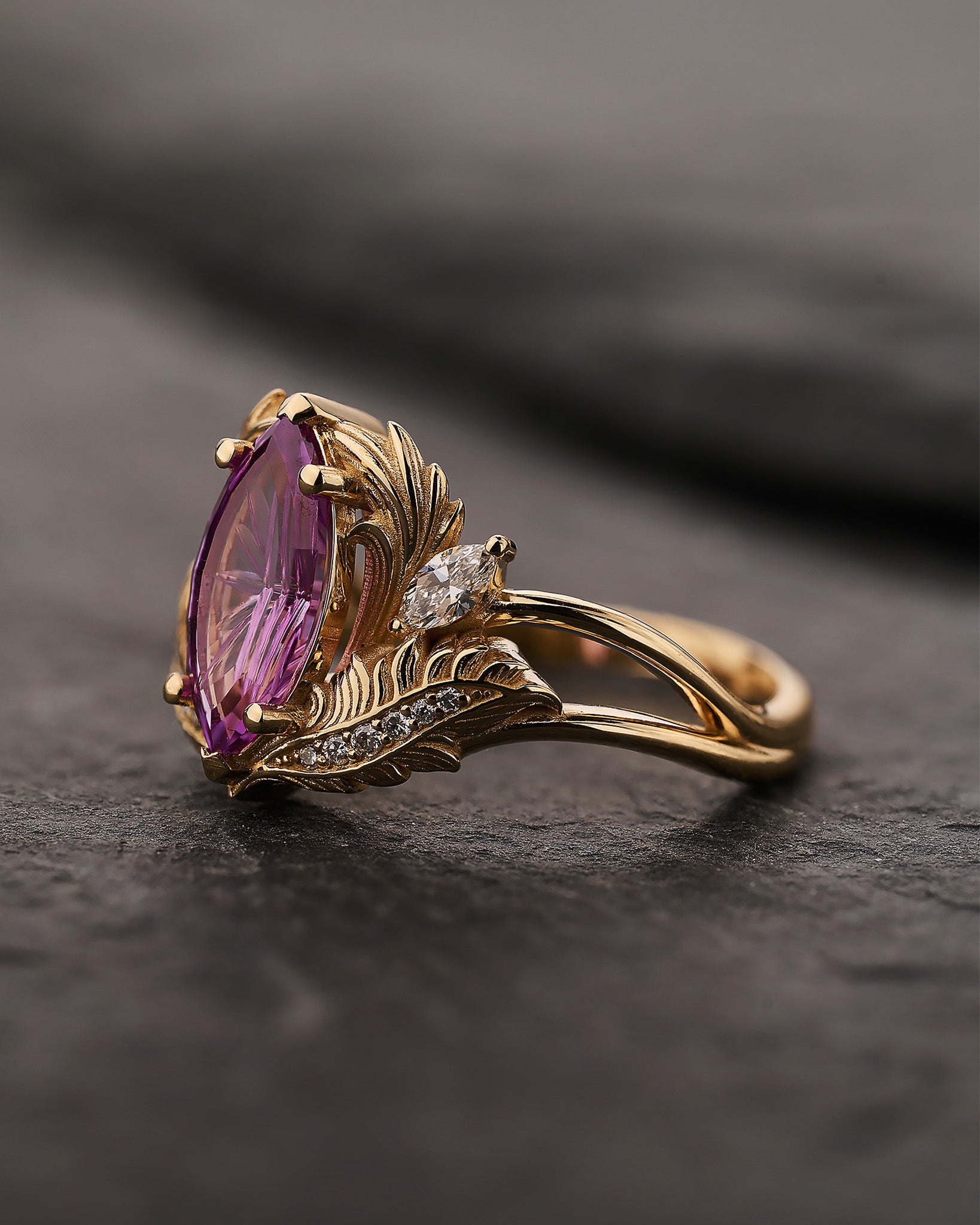 READY TO SHIP Adonis Engagement Ring with Marquise Fantasy-Cut Purple Sapphire, 14K yellow gold, RING SIZES 5.5 - 8.5 US - Eden Garden Jewelry™