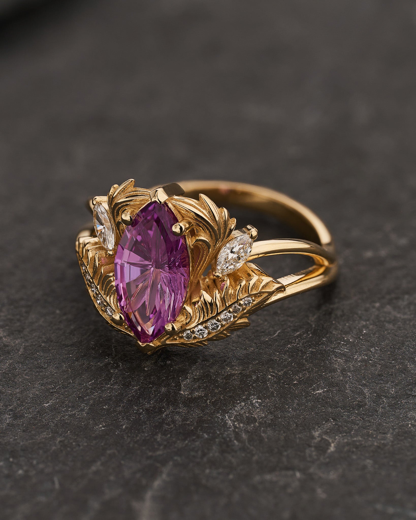 READY TO SHIP Adonis Engagement Ring with Marquise Fantasy-Cut Purple Sapphire, 14K yellow gold, RING SIZES 5.5 - 8.5 US - Eden Garden Jewelry™