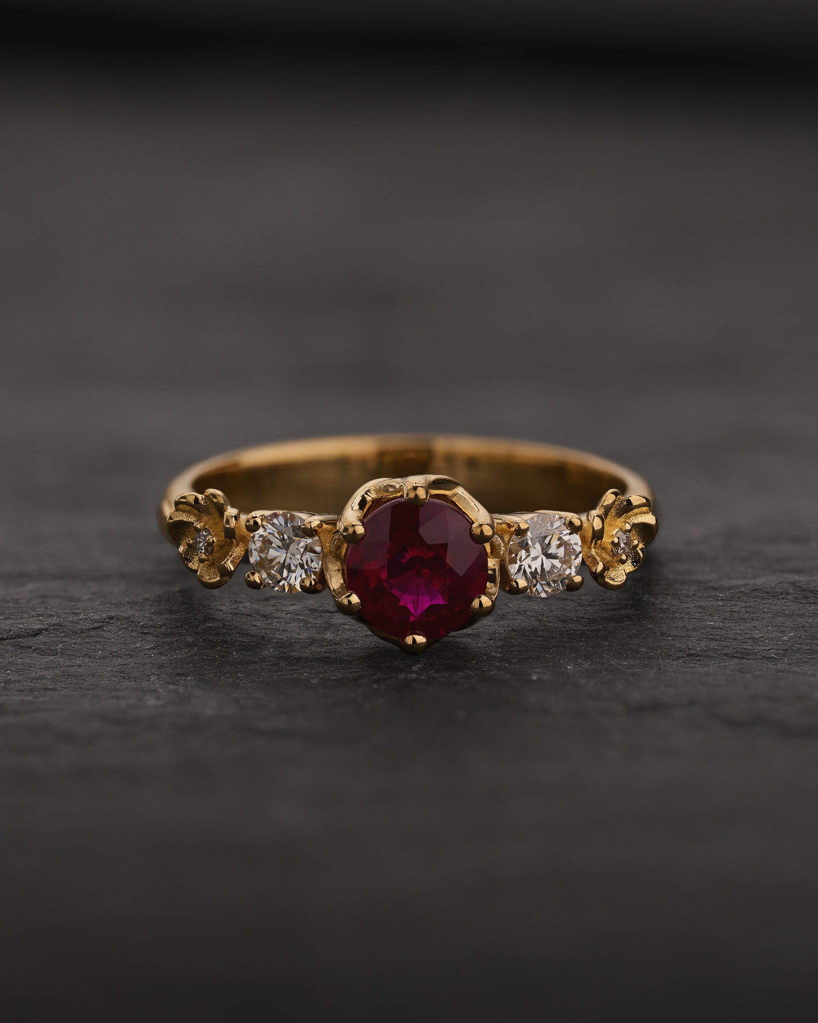 Engagement Ring in Flower Style with Round Red Ruby / Fiorella - Eden Garden Jewelry™