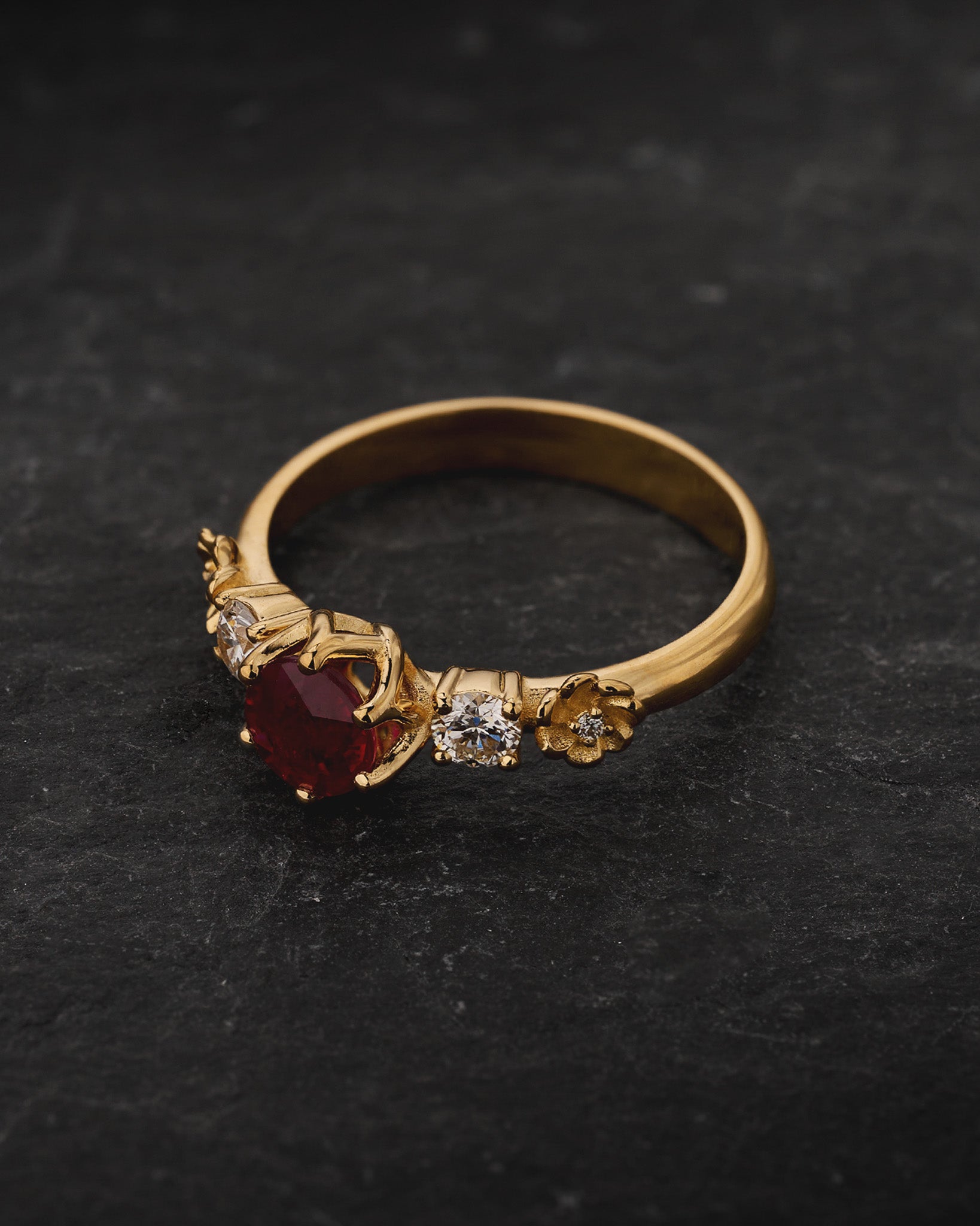 Engagement Ring in Flower Style with Round Red Ruby / Fiorella - Eden Garden Jewelry™