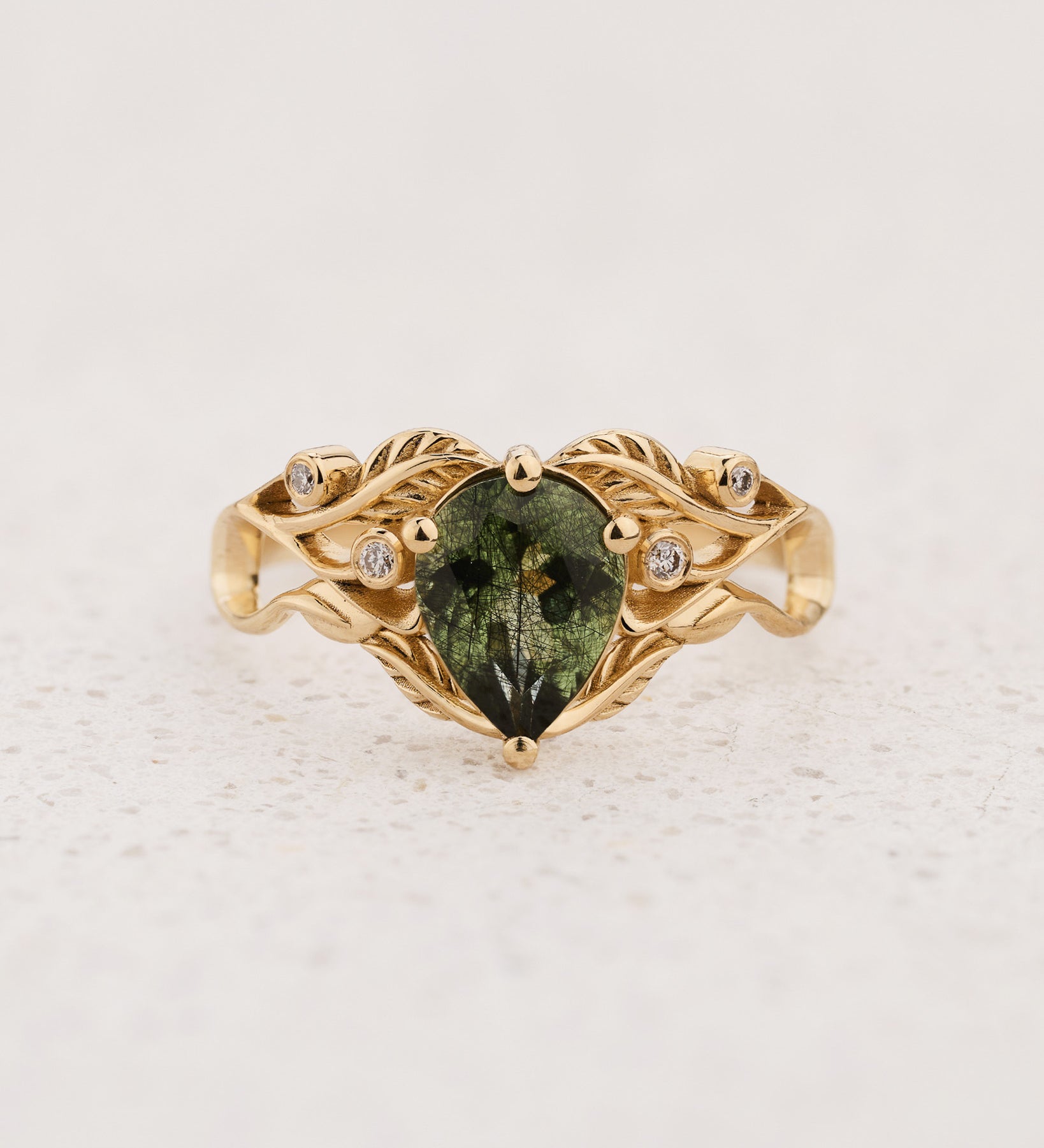 Art Nouveau Engagement Ring with Pear-Cut Rutile Peridot / Callisto - Eden Garden Jewelry™