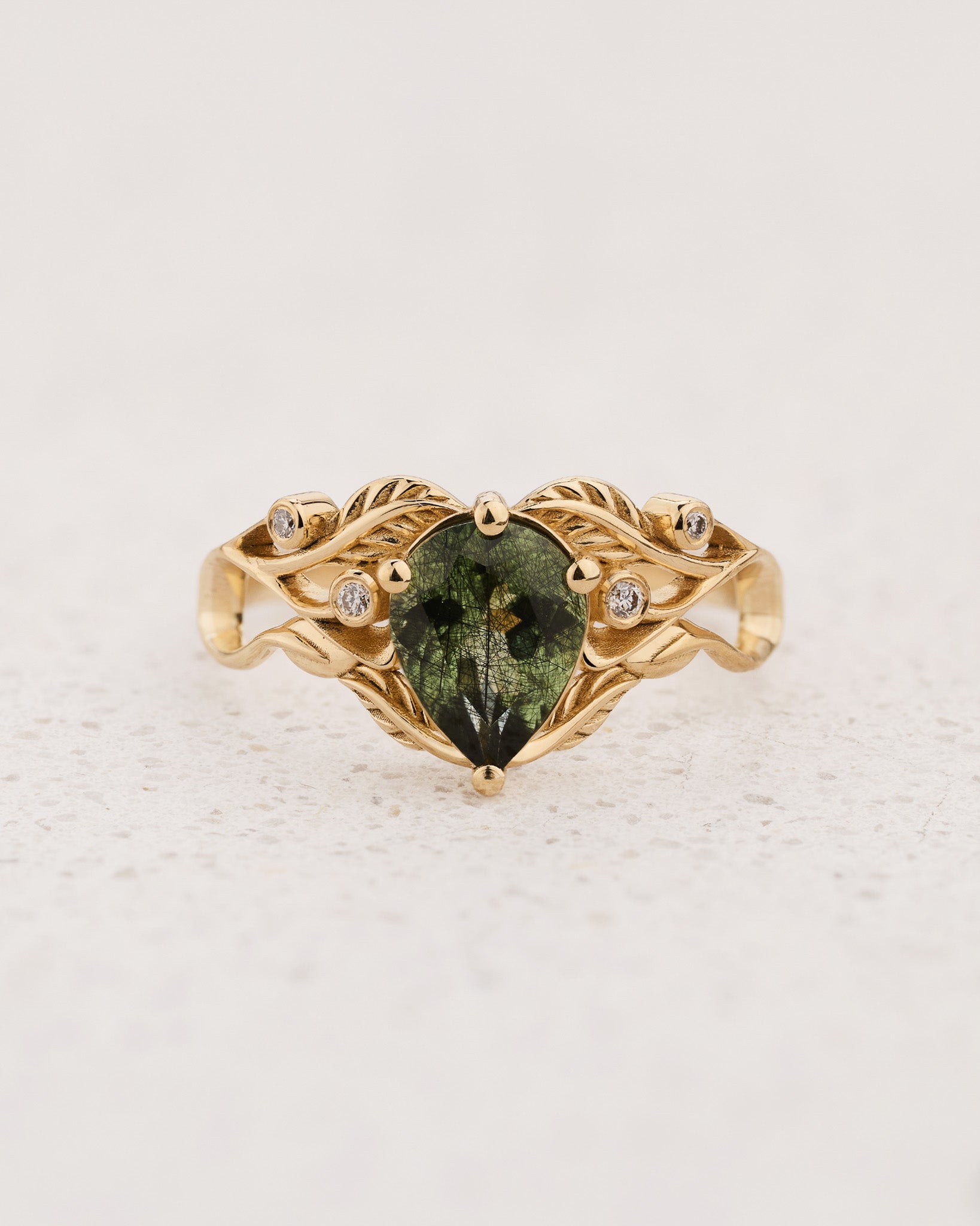 Art Nouveau Engagement Ring with Pear-Cut Rutile Peridot / Callisto - Eden Garden Jewelry™