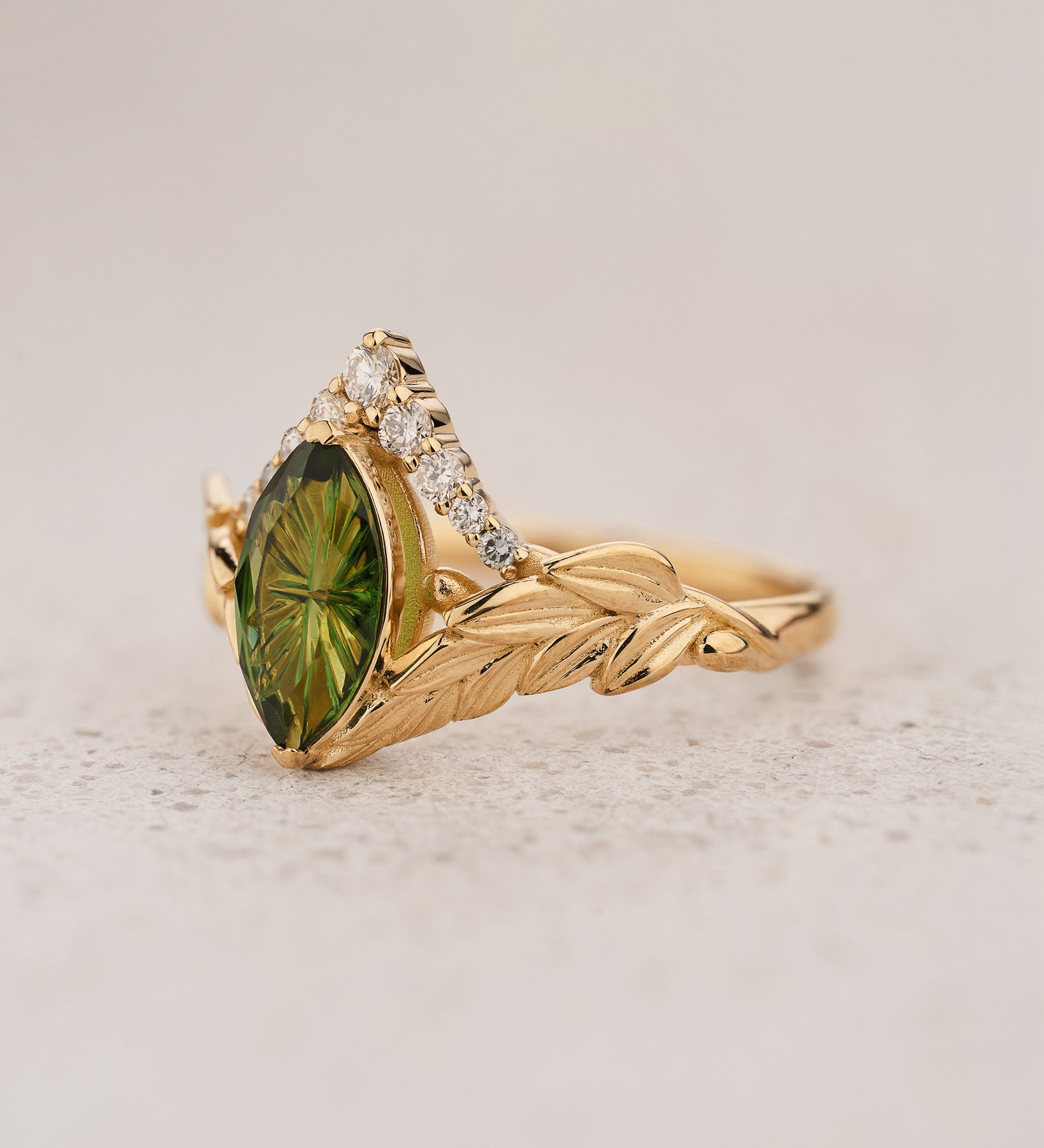 Leaf Engagement Ring with Marquise Green Tourmaline / Palmira - Eden Garden Jewelry™