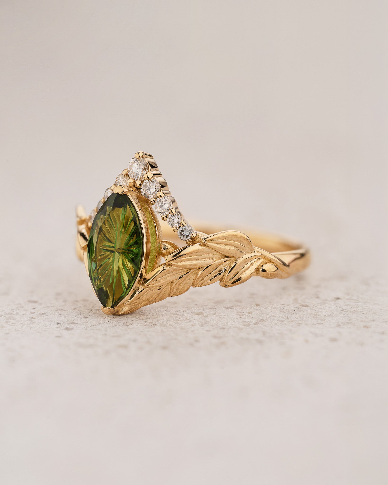 Leaf Engagement Ring with Marquise Green Tourmaline / Palmira - Eden Garden Jewelry™