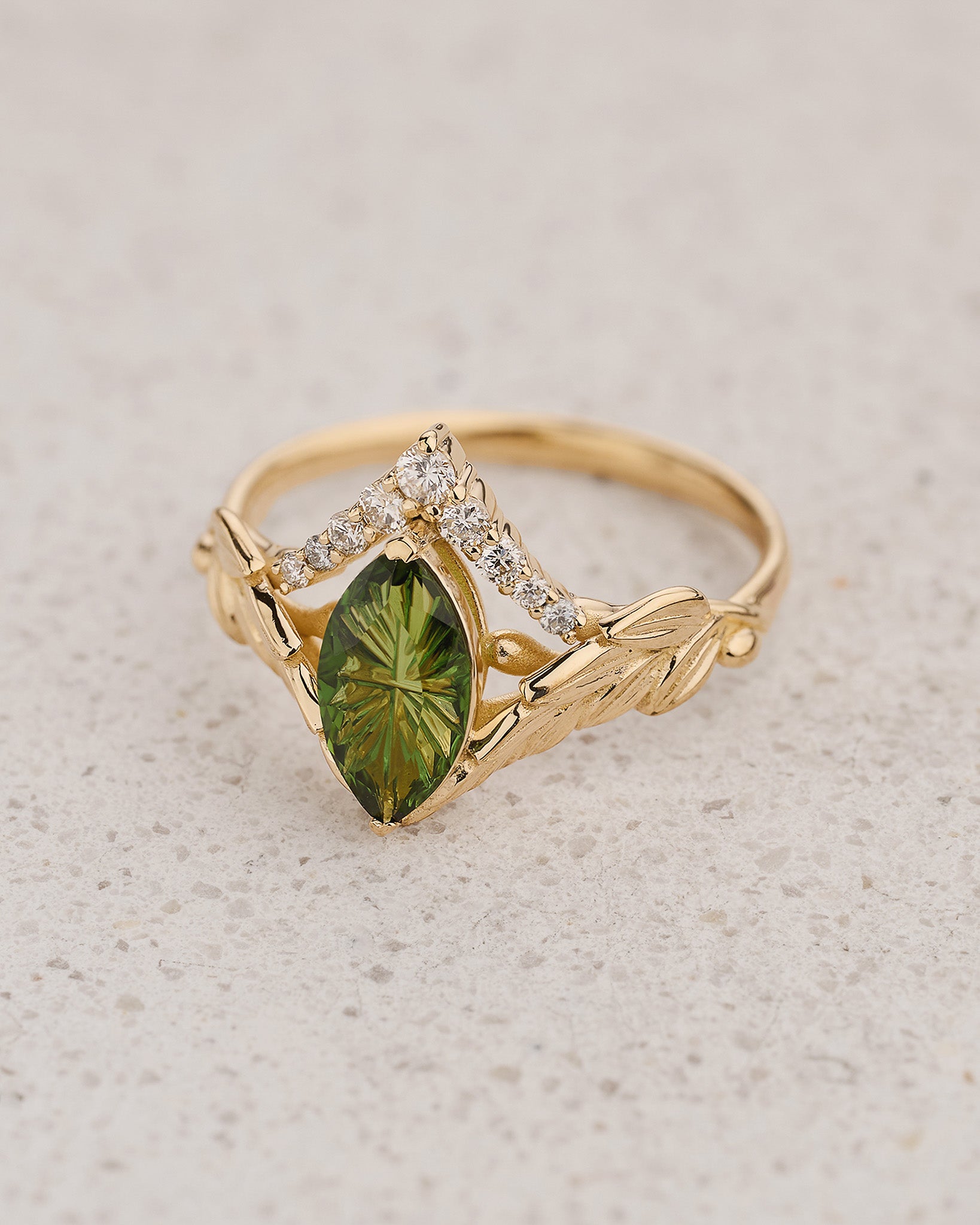 Leaf Engagement Ring with Marquise Green Tourmaline / Palmira - Eden Garden Jewelry™