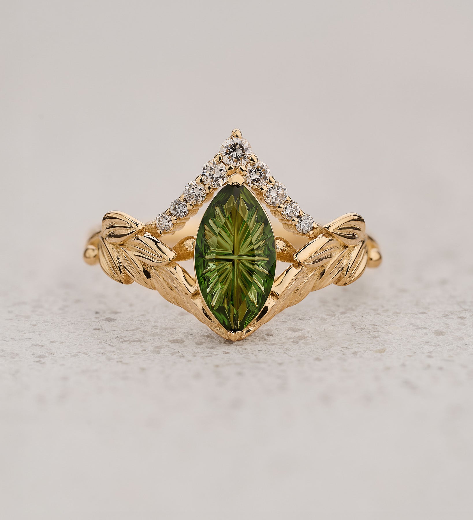 Leaf Engagement Ring with Marquise Green Tourmaline / Palmira - Eden Garden Jewelry™