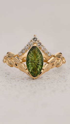Leaf Engagement Ring with Marquise Green Tourmaline / Palmira - Eden Garden Jewelry™