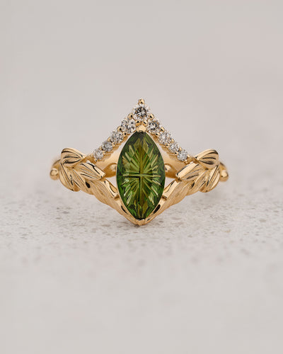 Leaf Engagement Ring with Marquise Green Tourmaline / Palmira - Eden Garden Jewelry™