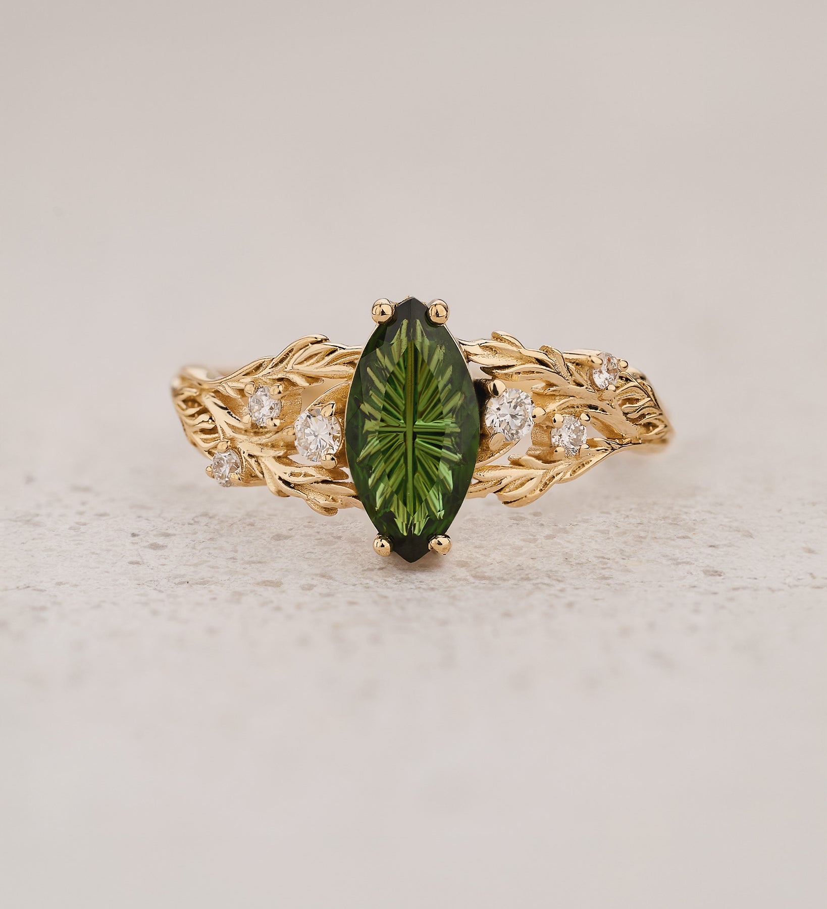 READY TO SHIP Japanese Maple Engagement Ring with Marquise Green Tourmaline, 14K yellow gold, RING SIZES 5.5 - 8.5 US - Eden Garden Jewelry™