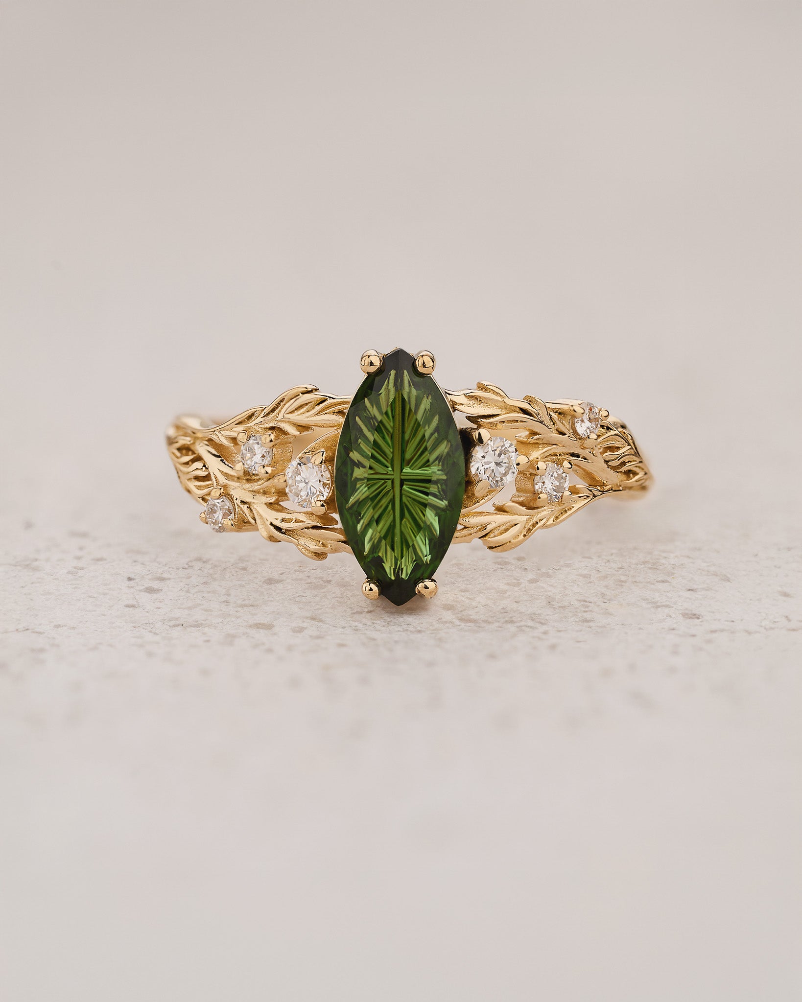 READY TO SHIP Japanese Maple Engagement Ring with Marquise Green Tourmaline, 14K yellow gold, RING SIZES 5.5 - 8.5 US - Eden Garden Jewelry™