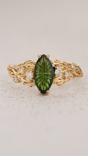 READY TO SHIP Japanese Maple Engagement Ring with Marquise Green Tourmaline, 14K yellow gold, RING SIZES 5.5 - 8.5 US - Eden Garden Jewelry™