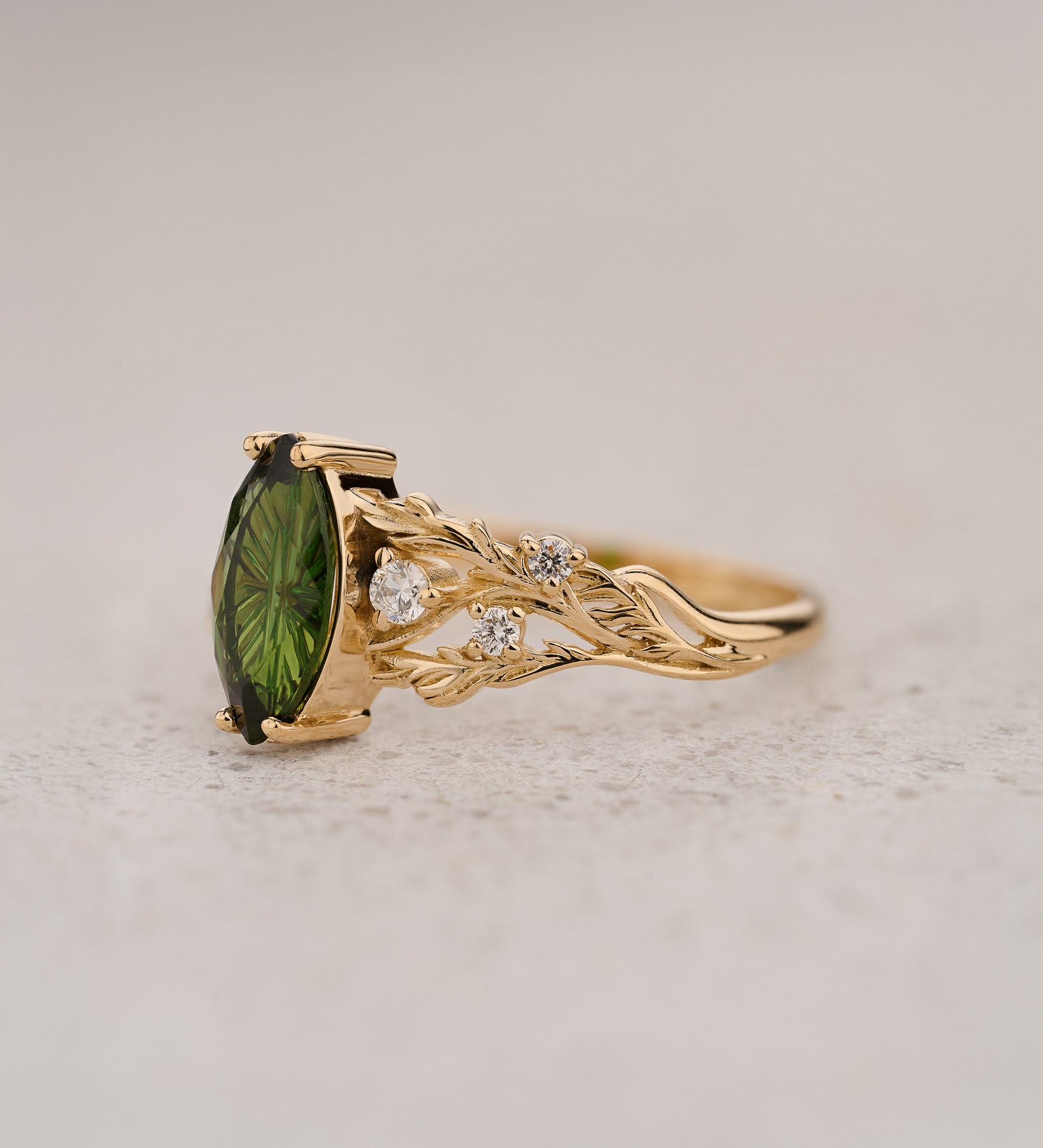 READY TO SHIP Japanese Maple Engagement Ring with Marquise Green Tourmaline, 14K yellow gold, RING SIZES 5.5 - 8.5 US - Eden Garden Jewelry™