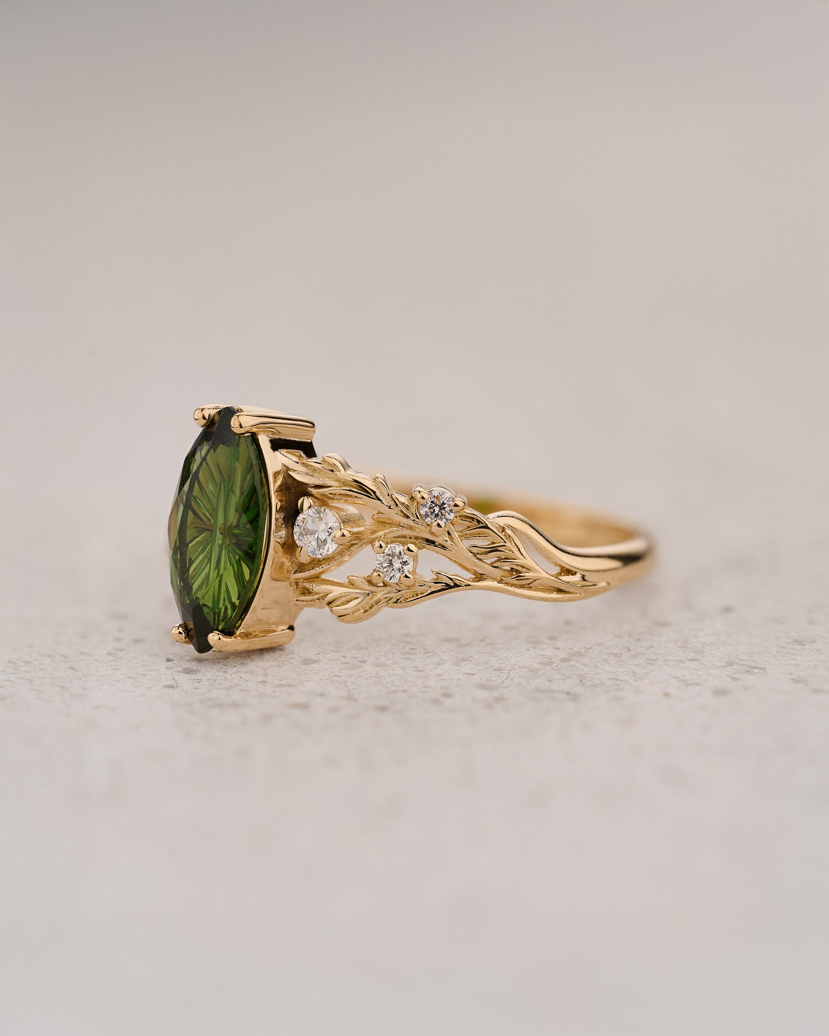 READY TO SHIP Japanese Maple Engagement Ring with Marquise Green Tourmaline, 14K yellow gold, RING SIZES 5.5 - 8.5 US - Eden Garden Jewelry™