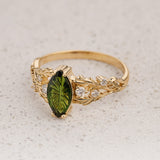 READY TO SHIP Japanese Maple Engagement Ring with Marquise Green Tourmaline, 14K yellow gold, RING SIZES 5.5 - 8.5 US - Eden Garden Jewelry™