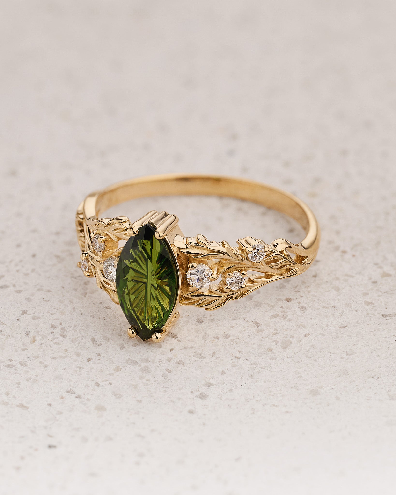 READY TO SHIP Japanese Maple Engagement Ring with Marquise Green Tourmaline, 14K yellow gold, RING SIZES 5.5 - 8.5 US - Eden Garden Jewelry™