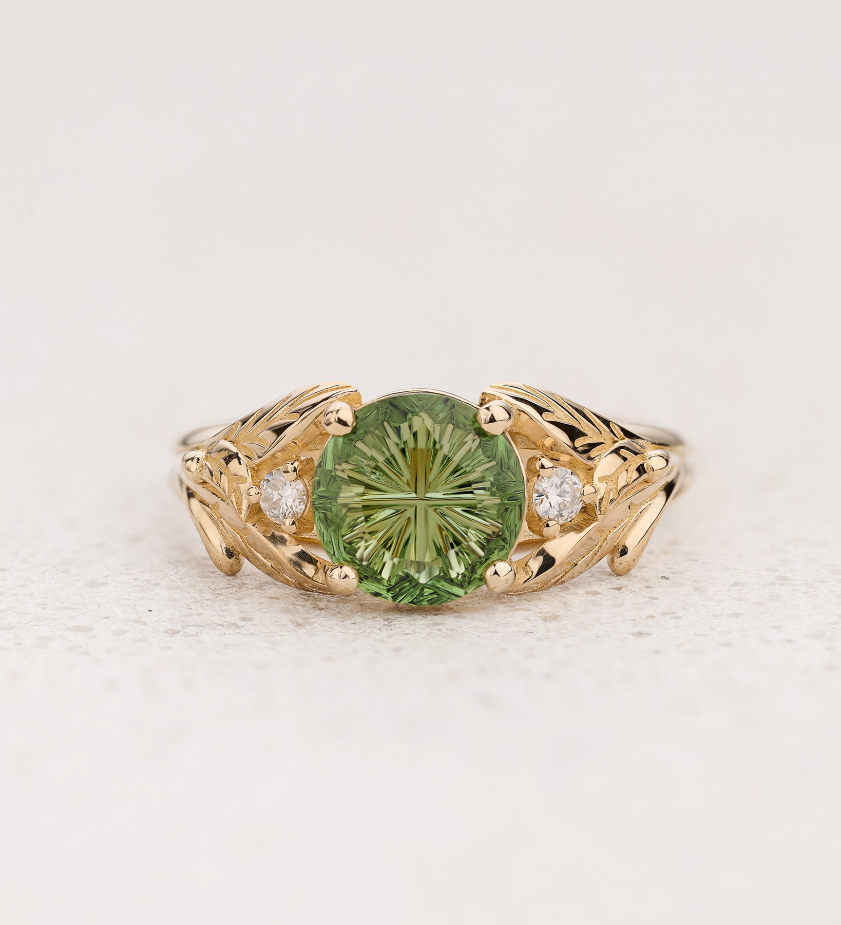 READY TO SHIP Wisteria Engagement Ring with Round Fantasy-Cut Green Tourmaline, 14K yellow gold, RING SIZES 5.5 - 8.5 US - Eden Garden Jewelry™