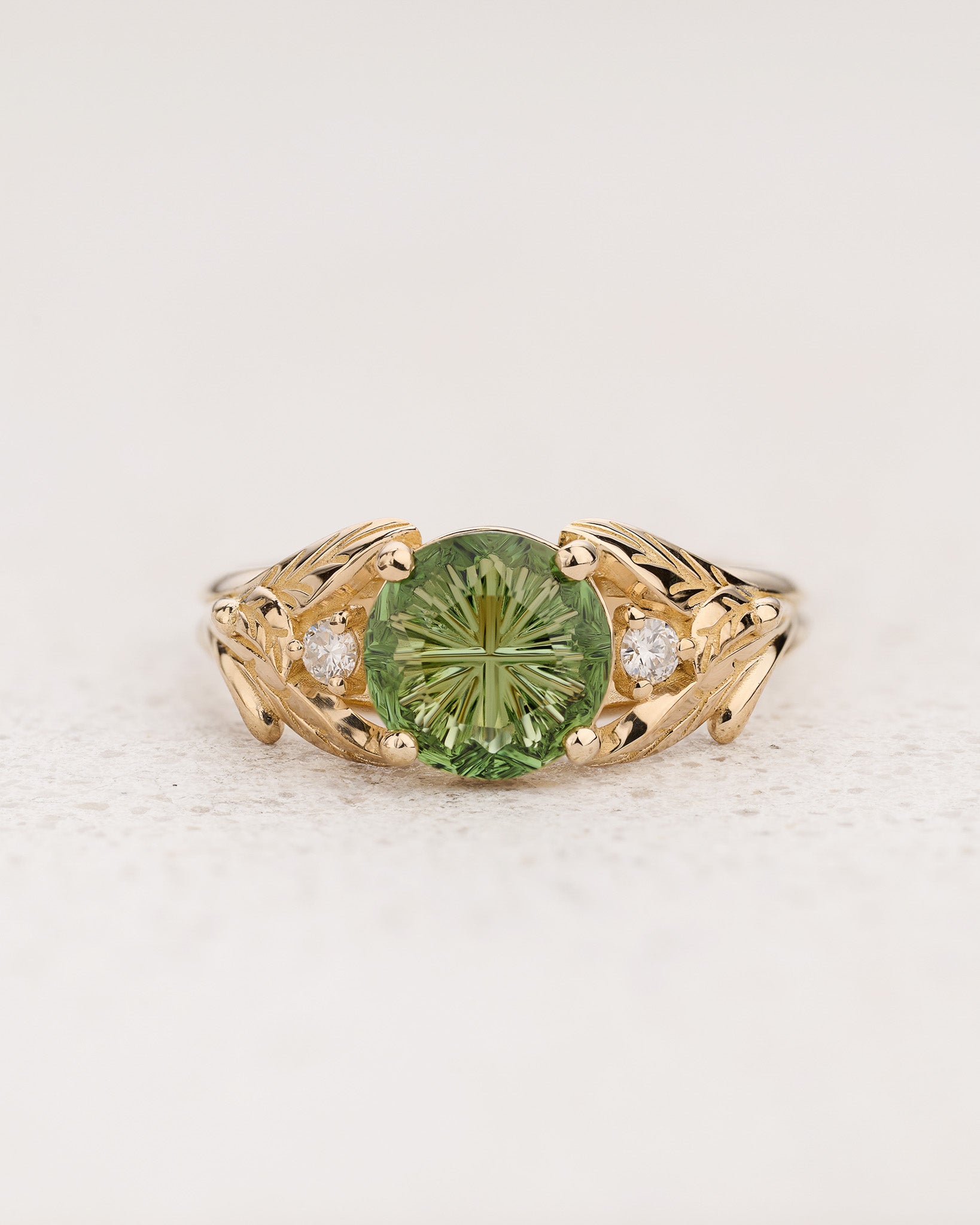 READY TO SHIP Wisteria Engagement Ring with Round Fantasy-Cut Green Tourmaline, 14K yellow gold, RING SIZES 5.5 - 8.5 US - Eden Garden Jewelry™