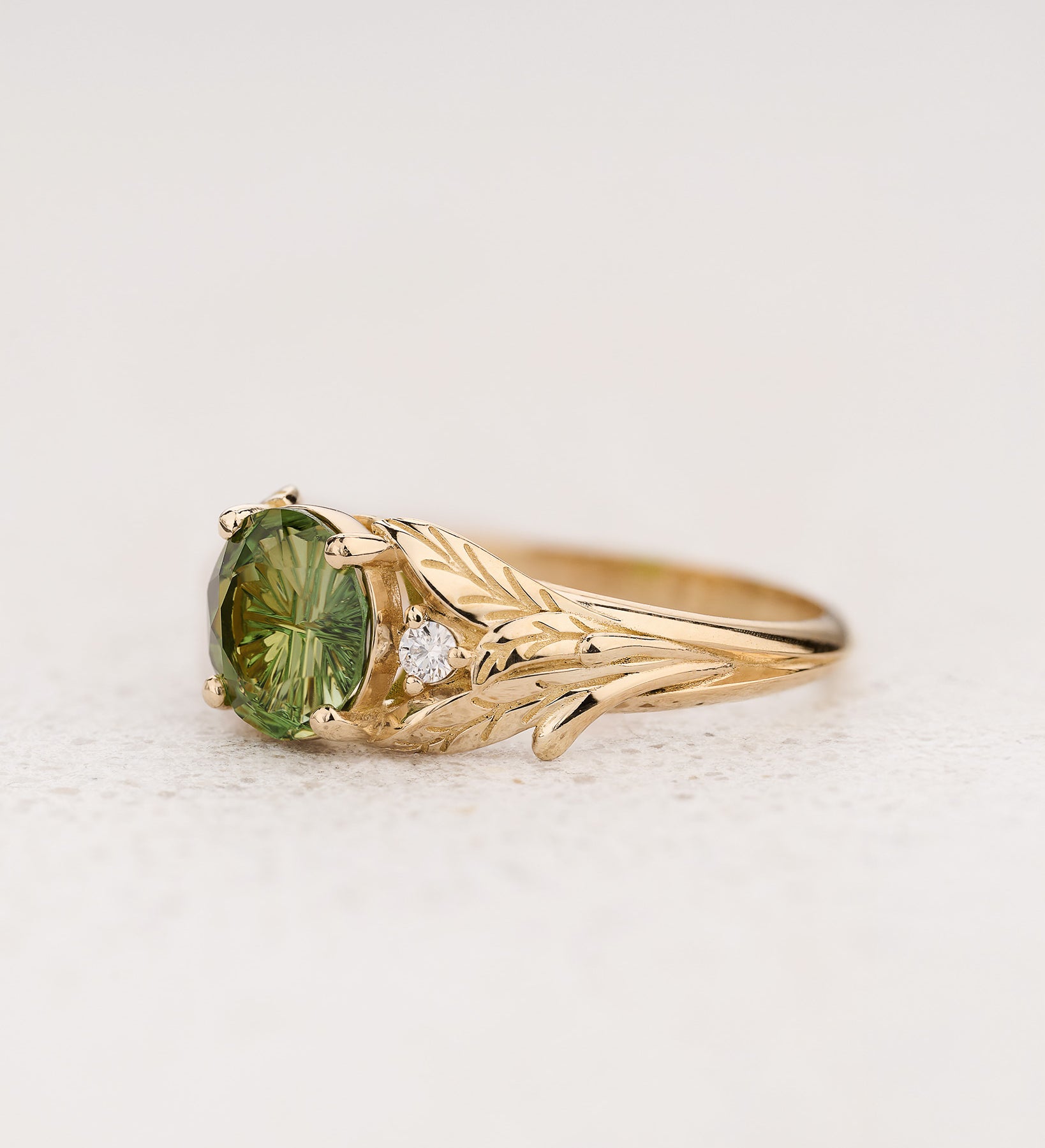 READY TO SHIP Wisteria Engagement Ring with Round Fantasy-Cut Green Tourmaline, 14K yellow gold, RING SIZES 5.5 - 8.5 US - Eden Garden Jewelry™