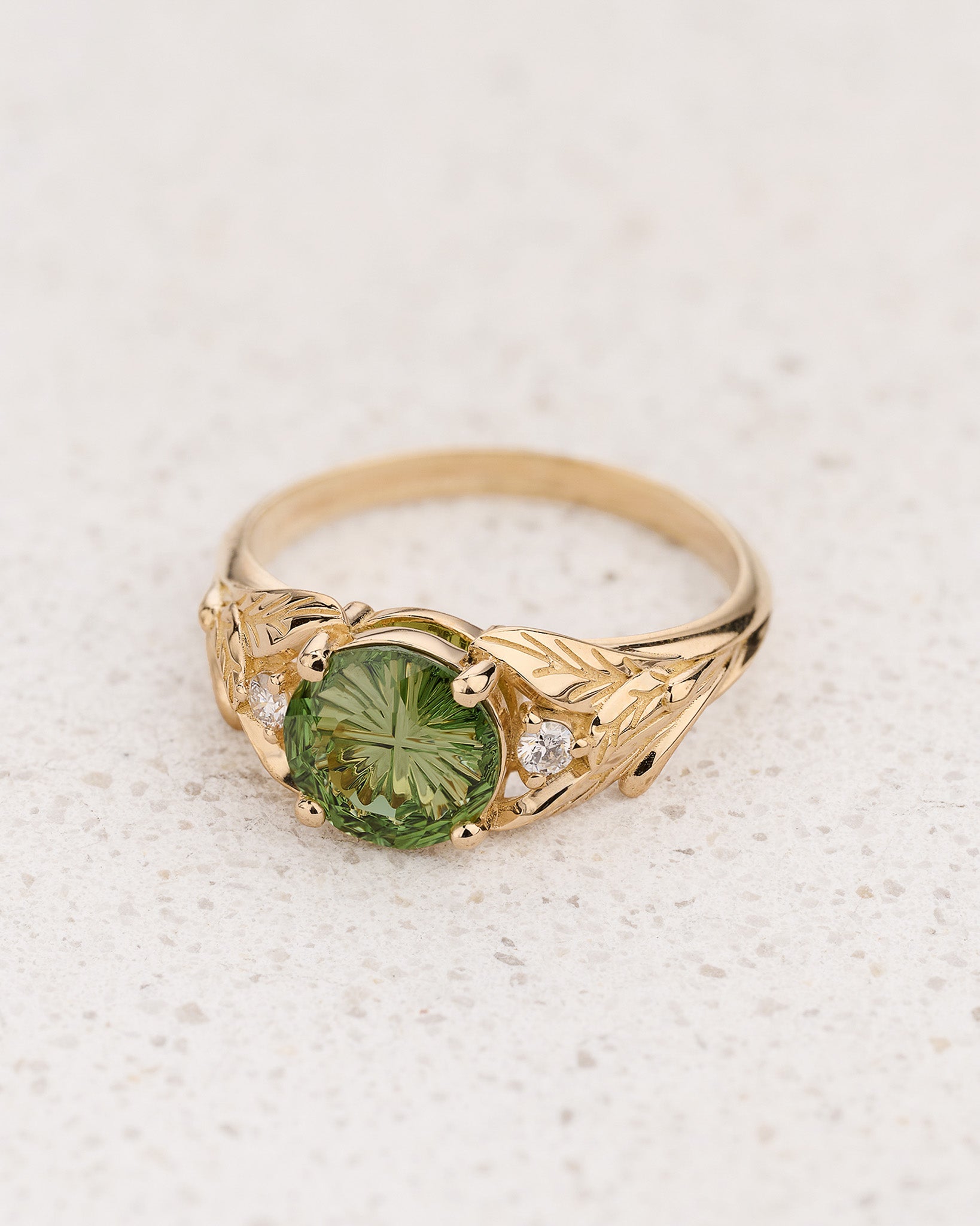 READY TO SHIP Wisteria Engagement Ring with Round Fantasy-Cut Green Tourmaline, 14K yellow gold, RING SIZES 5.5 - 8.5 US - Eden Garden Jewelry™