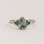 READY TO SHIP Gloria ring in 14K white gold, 10x7mm natural moss agate & accent lab emeralds, AVAILABLE RING SIZES: 7.5 - 10.5 US - Eden Garden Jewelry™