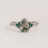 READY TO SHIP Gloria ring in 14K white gold, 10x7mm natural moss agate & accent lab emeralds, AVAILABLE RING SIZES: 7.5 - 10.5 US - Eden Garden Jewelry™