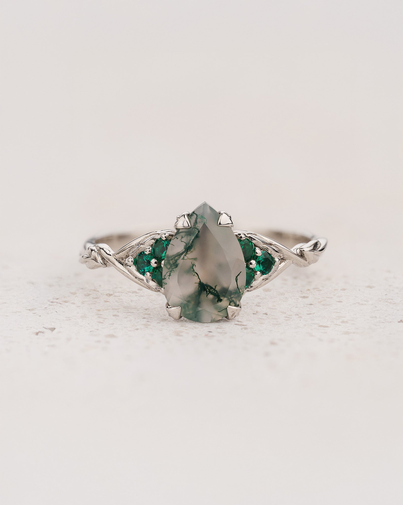 READY TO SHIP Gloria ring in 14K white gold, 10x7mm natural moss agate & accent lab emeralds, AVAILABLE RING SIZES: 7.5 - 10.5 US - Eden Garden Jewelry™
