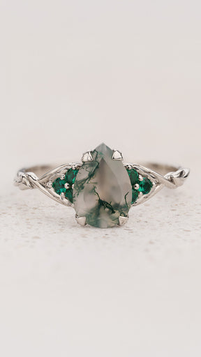 READY TO SHIP Gloria ring in 14K white gold, 10x7mm natural moss agate & accent lab emeralds, AVAILABLE RING SIZES: 7.5 - 10.5 US - Eden Garden Jewelry™