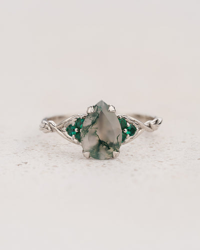 READY TO SHIP Gloria ring in 14K white gold, 10x7mm natural moss agate & accent lab emeralds, AVAILABLE RING SIZES: 7.5 - 10.5 US - Eden Garden Jewelry™
