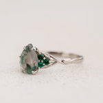 READY TO SHIP Gloria ring in 14K white gold, 10x7mm natural moss agate & accent lab emeralds, AVAILABLE RING SIZES: 7.5 - 10.5 US - Eden Garden Jewelry™
