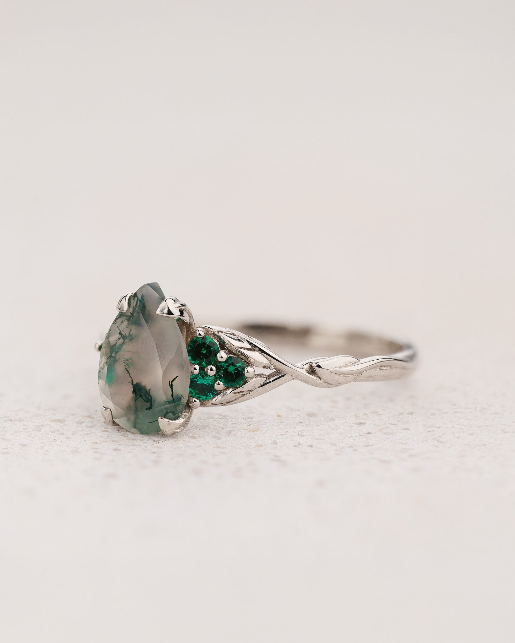 READY TO SHIP Gloria ring in 14K white gold, 10x7mm natural moss agate & accent lab emeralds, AVAILABLE RING SIZES: 7.5 - 10.5 US - Eden Garden Jewelry™