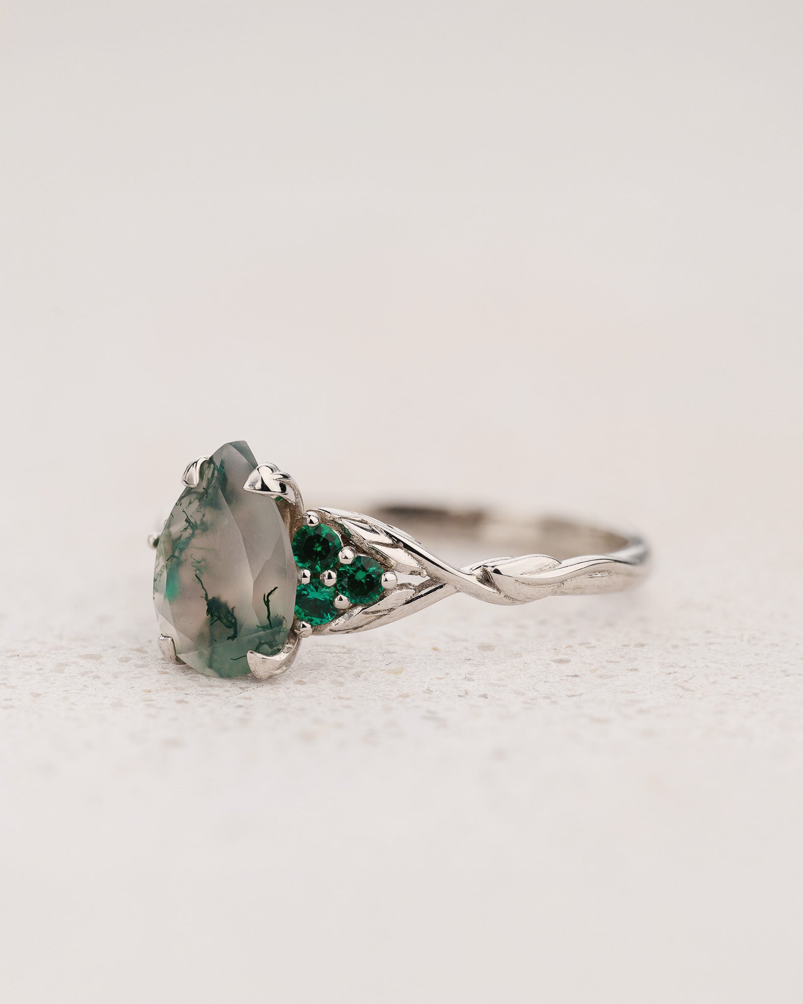 READY TO SHIP Gloria ring in 14K white gold, 10x7mm natural moss agate & accent lab emeralds, AVAILABLE RING SIZES: 7.5 - 10.5 US - Eden Garden Jewelry™
