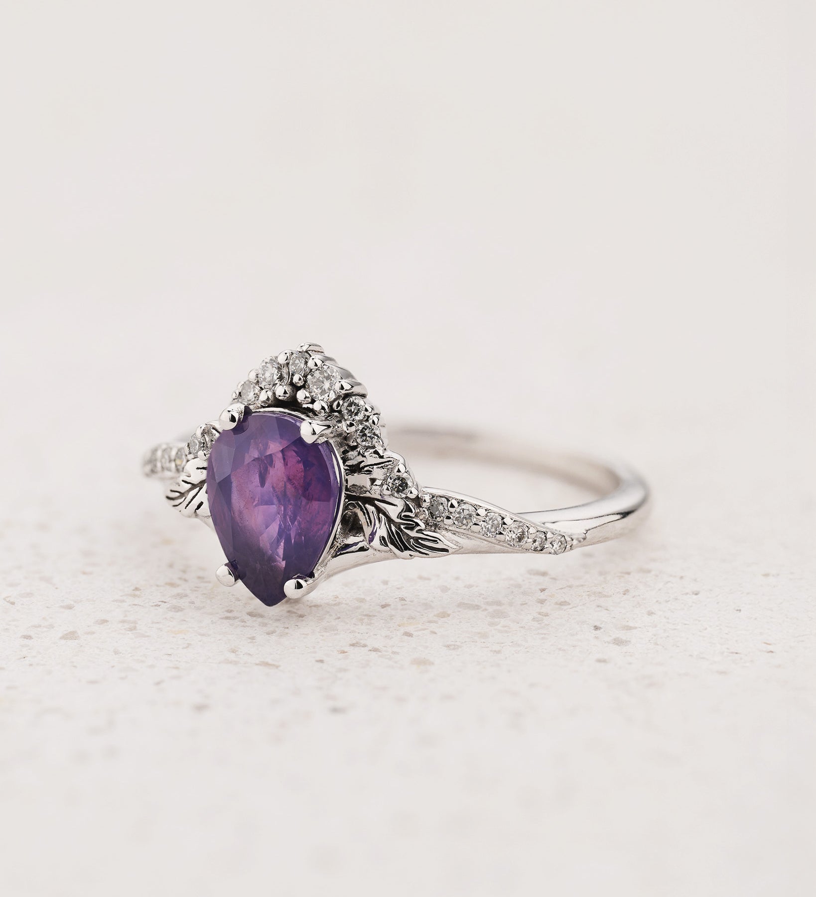 Nature-inspired Engagement Ring with Pear-Cut Opalescent Purple Sapphire / Amelia - Eden Garden Jewelry™