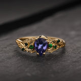 READY TO SHIP Japanese Maple Engagement Ring with Pear-Cut Purple Sapphire and Natural Tsavorite Garnets, 14K yellow gold, RING SIZES 9 - 12 US - Eden Garden Jewelry™