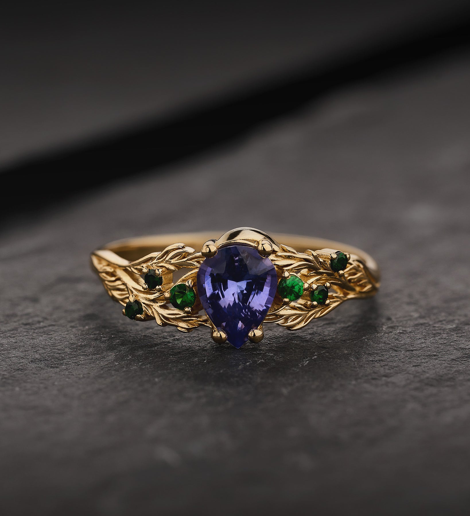 READY TO SHIP Japanese Maple Engagement Ring with Pear-Cut Purple Sapphire and Natural Tsavorite Garnets, 14K yellow gold, RING SIZES 9 - 12 US - Eden Garden Jewelry™