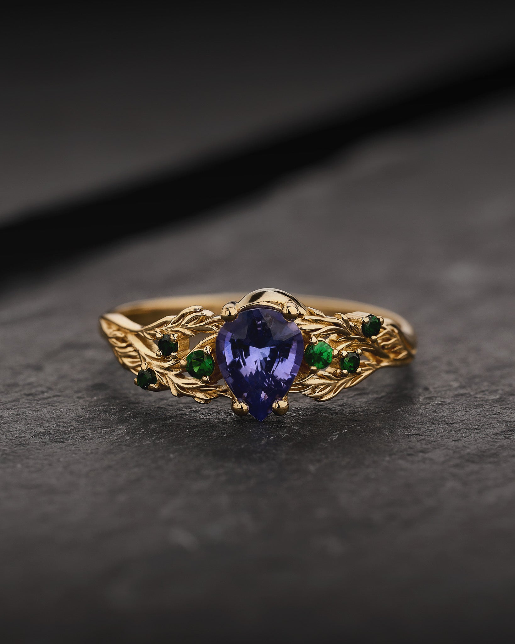 READY TO SHIP Japanese Maple Engagement Ring with Pear-Cut Purple Sapphire and Natural Tsavorite Garnets, 14K yellow gold, RING SIZES 9 - 12 US - Eden Garden Jewelry™