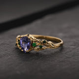 READY TO SHIP Japanese Maple Engagement Ring with Pear-Cut Purple Sapphire and Natural Tsavorite Garnets, 14K yellow gold, RING SIZES 9 - 12 US - Eden Garden Jewelry™