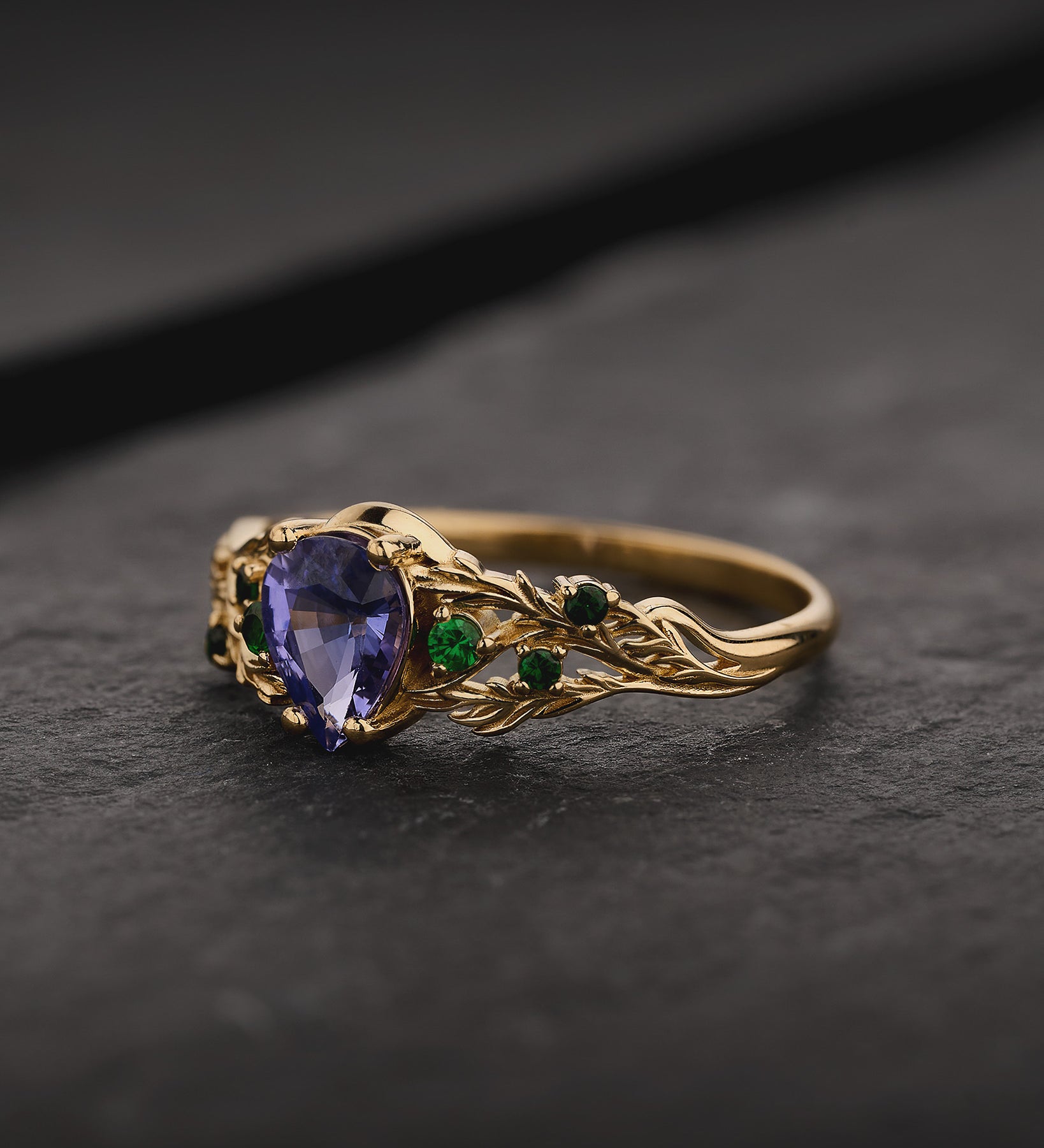 READY TO SHIP Japanese Maple Engagement Ring with Pear-Cut Purple Sapphire and Natural Tsavorite Garnets, 14K yellow gold, RING SIZES 9 - 12 US - Eden Garden Jewelry™