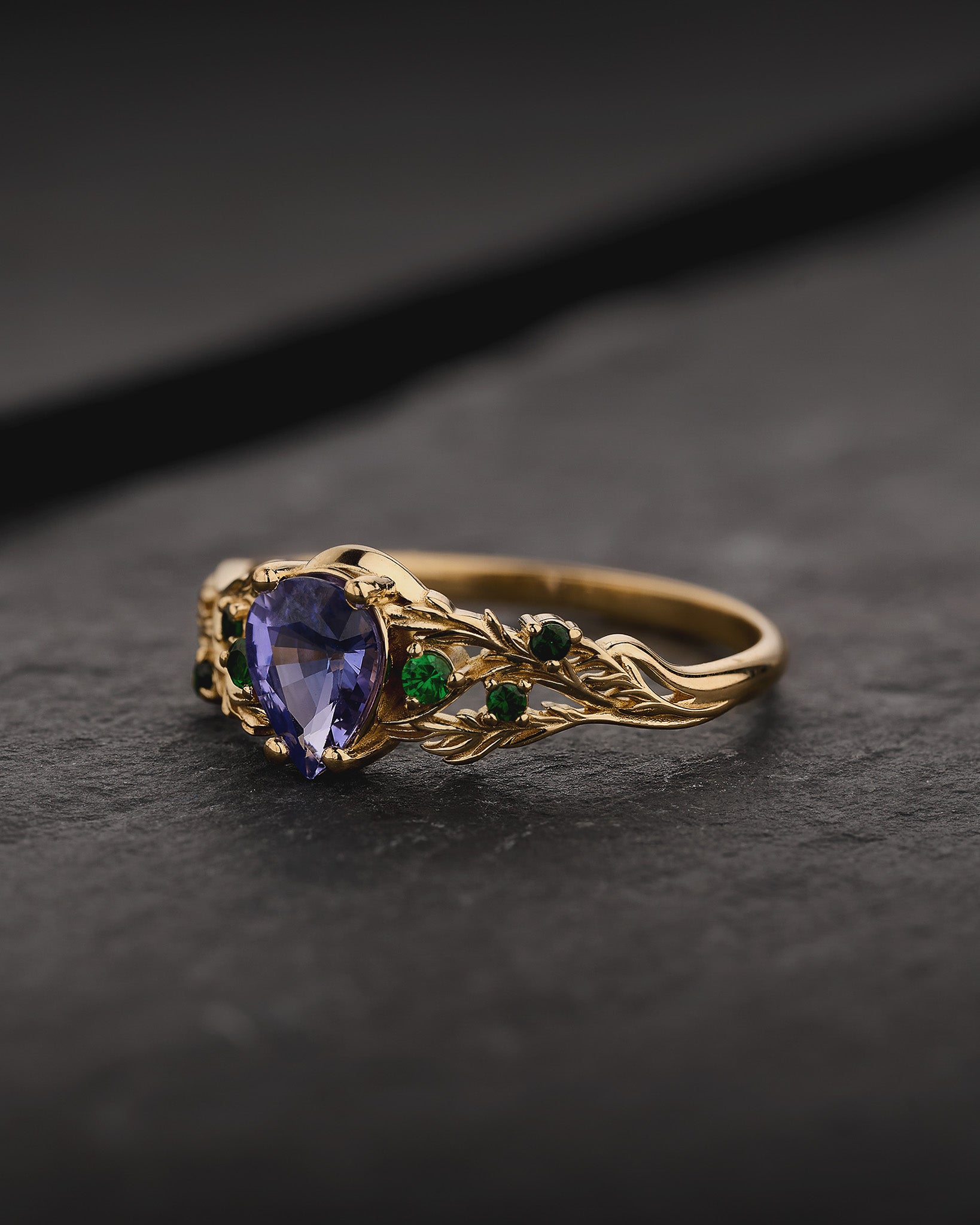 READY TO SHIP Japanese Maple Engagement Ring with Pear-Cut Purple Sapphire and Natural Tsavorite Garnets, 14K yellow gold, RING SIZES 9 - 12 US - Eden Garden Jewelry™
