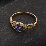 READY TO SHIP Japanese Maple Engagement Ring with Pear-Cut Purple Sapphire and Natural Tsavorite Garnets, 14K yellow gold, RING SIZES 9 - 12 US - Eden Garden Jewelry™