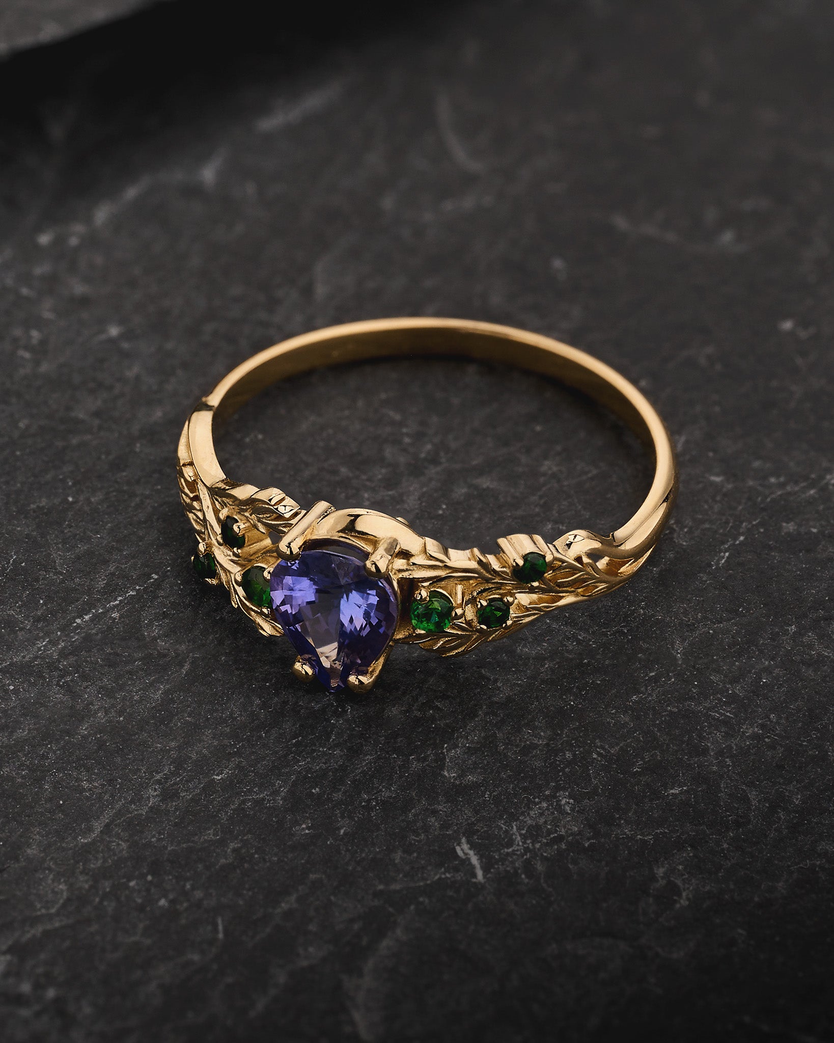READY TO SHIP Japanese Maple Engagement Ring with Pear-Cut Purple Sapphire and Natural Tsavorite Garnets, 14K yellow gold, RING SIZES 9 - 12 US - Eden Garden Jewelry™