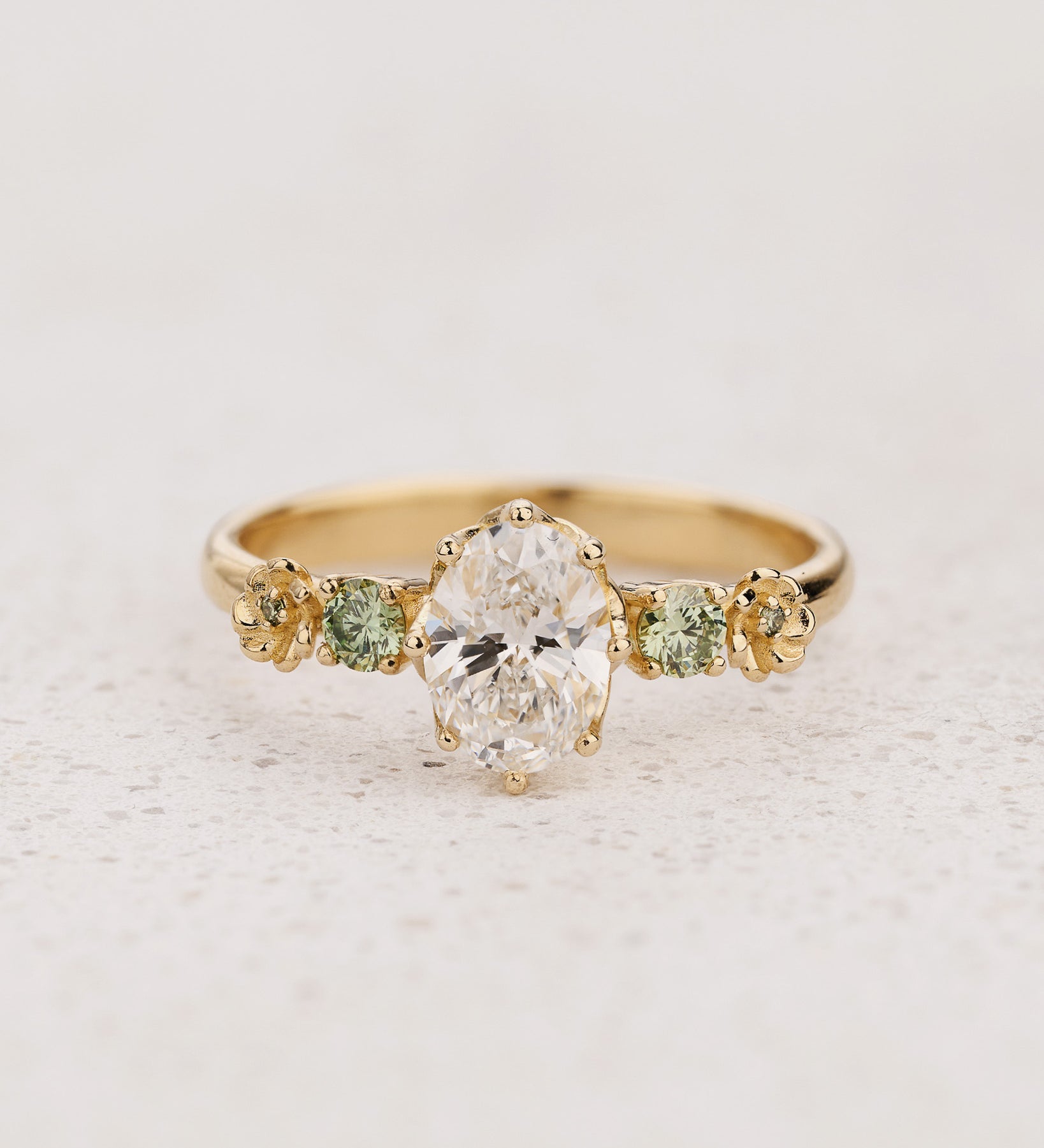 READY TO SHIP Fiorella Engagement Ring with Oval Diamond and Green Diamond Accents, 14K yellow gold, RING SIZES 7.5 - 10.5 US - Eden Garden Jewelry™