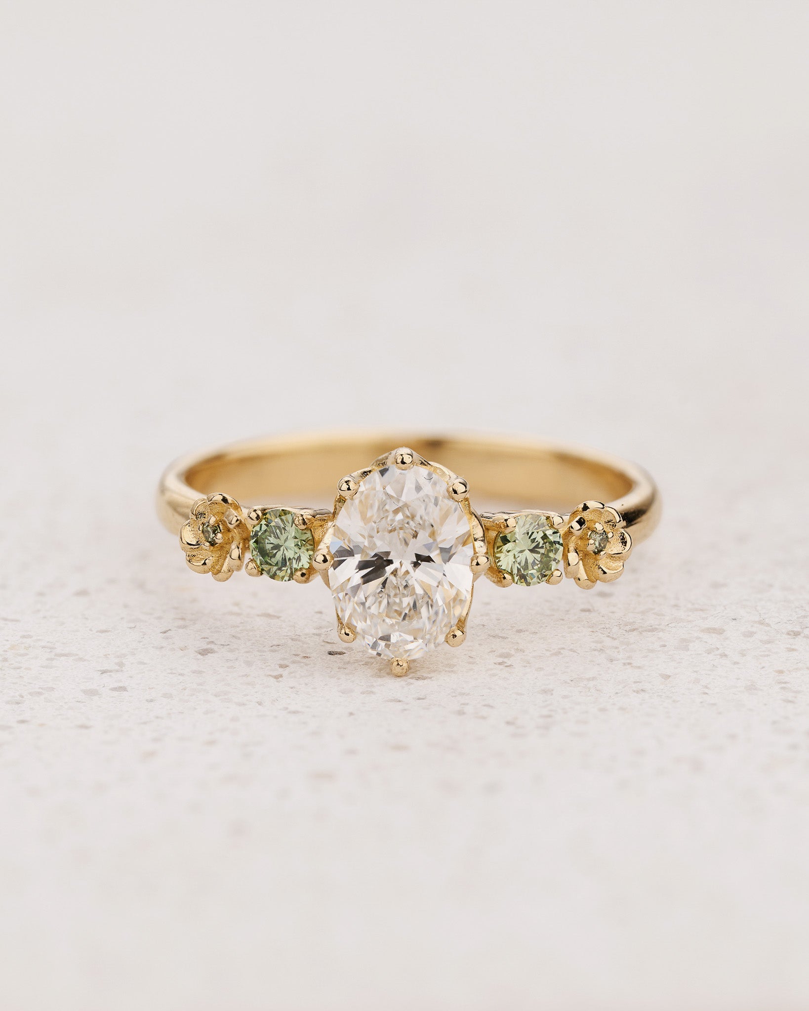 READY TO SHIP Fiorella Engagement Ring with Oval Diamond and Green Diamond Accents, 14K yellow gold, RING SIZES 7.5 - 10.5 US - Eden Garden Jewelry™